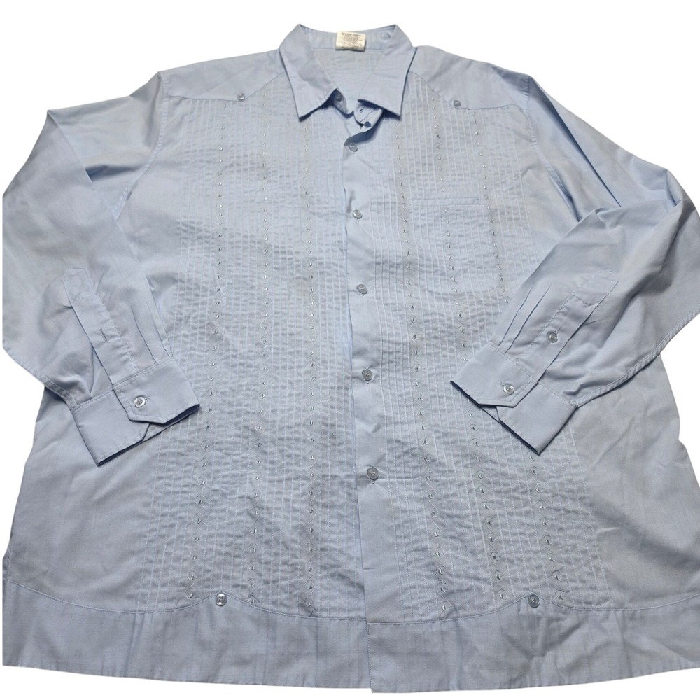 Abdala Guayabera Mens 44 Light Blue Long Sleeve Embroidered Pleated Shirt Mexico